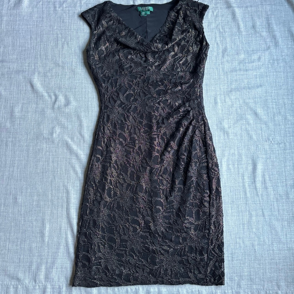 LAUREN RALPH LAUREN Black Gold Lace Dress Cap Sleeve Size 10